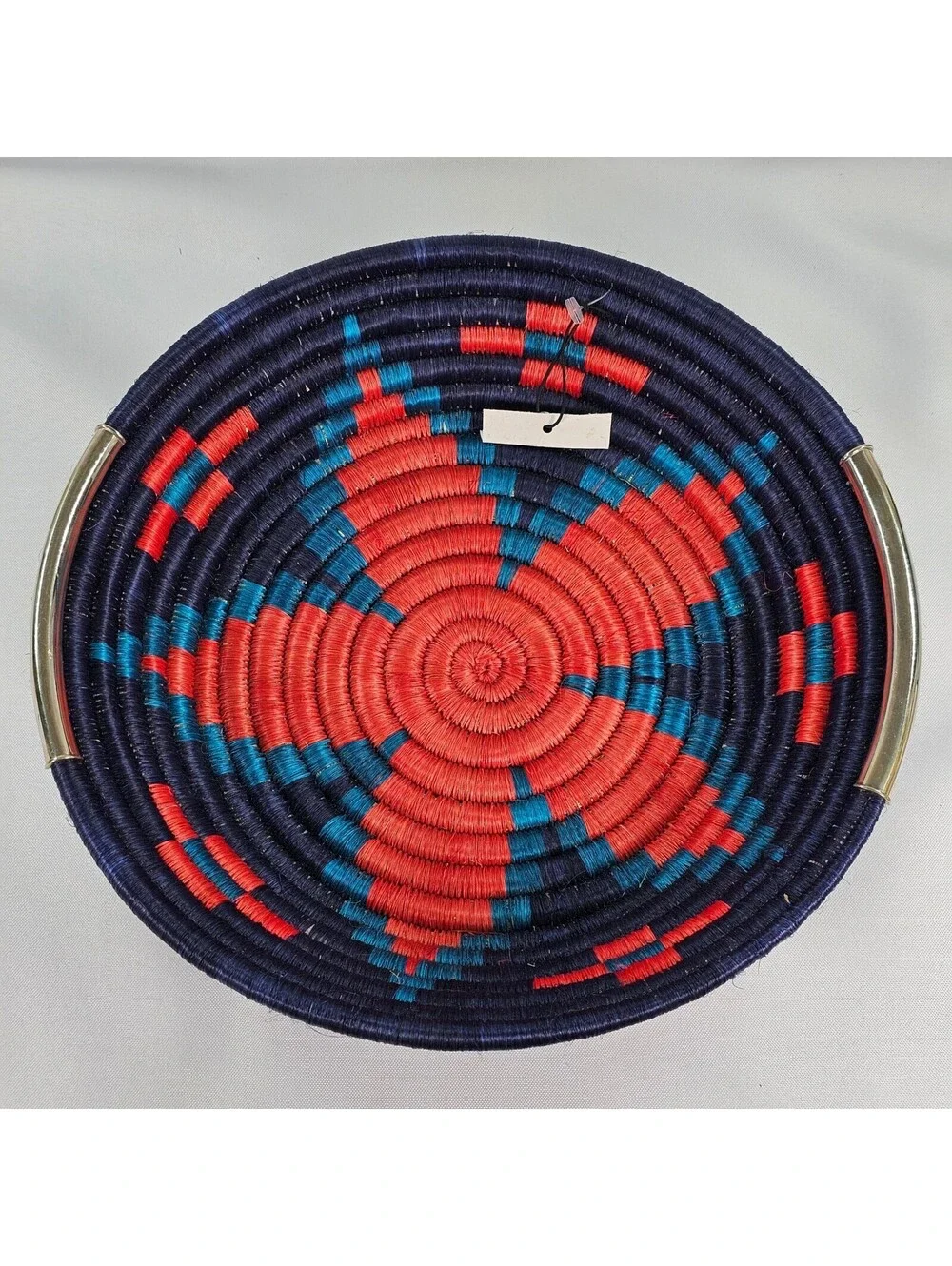 Handwoven Coiled Basket Bowl Navy Red Turquoise Geometric Decor Metal Handles